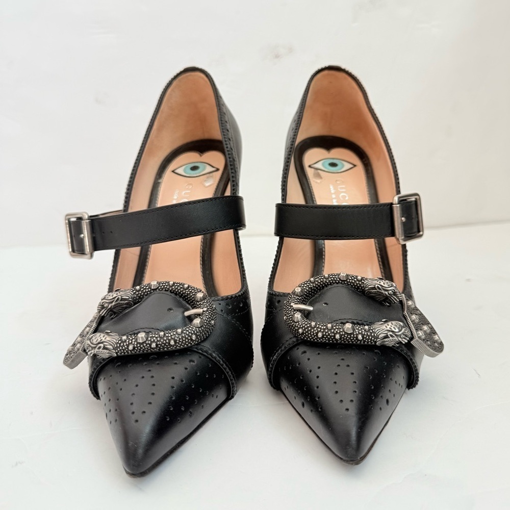 Gucci Black Leather Dionysus Perforated Mary Jane Pumps EU 37.5 - Picture 6 of 10